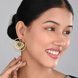 Anvik Rhodium-Plated American Diamond Studded Circular Drop Earrings image 3
