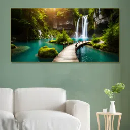 nestroots Gold Canvas Framed Enchanting Waterfall with Scenic Bridge Wall Painting(18X36 Inch)-picture-26