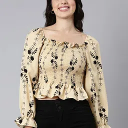 SHOWOFFFF Floral Print Puff Sleeve Crepe Peplum Crop Top image 5