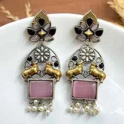 NAMAN ARTS Silver-Plated Artificial Stones Studded And Beaded Contemporary Drop Earrings-picture-56