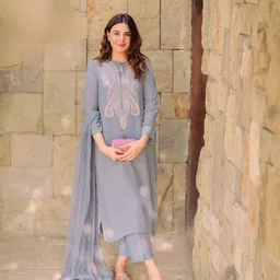 KALINI Paisley Embroidered Straight Kurta with Trousers & Dupatta-image-85