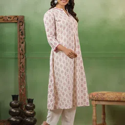 Span Floral Printed Mandarin Collar Pure Cotton A-line Kurta With Trouser image 4