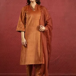 Sangria Brown V-Neck Beads and Stones Velvet Straight Kurta With Trousers And Dupatta-picture-40
