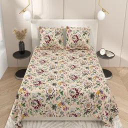 INDRA'S Beige & Purple Floral 144 TC King Bedsheet with 2 Pillow Covers-picture-26