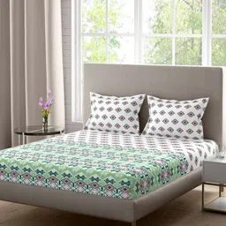 Portico Dusklight White Printed Cotton 144 TC Super King Bedsheet Set 2.74 m x 2.74 m-image-1