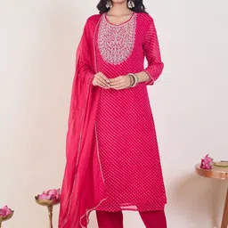 Indo Era Leheriya Printed Regular Sequinned Kurta With Trousers & Dupatta image 5