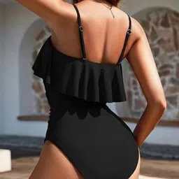 Women Fuzzy Strapless Stylish Ruffle One-Piece Swimsuit with Adjustable Strap Bodysuit image 4