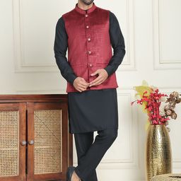 Anouk Black Band Collar Straight Kurta With Pyjamas & Velvet Nehru Jackets-picture-1