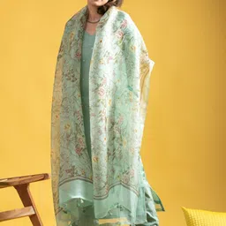 little heaven Women Floral Regular Thread Work Chanderi Silk Kurta with Trousers & With Dupatta image 2