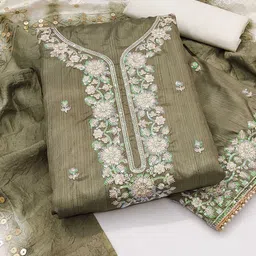 KALINI Women Olive Embroidered Cotton Blend Unstitched Dress Material-image-64