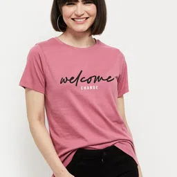 Women Printed Round Neck Pure Cotton Pink T-Shirt-image-50