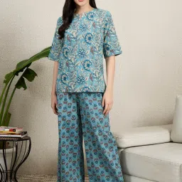 July Nightwear Cotton Blue Floral Printed Top and Pajama For Women-picture-14