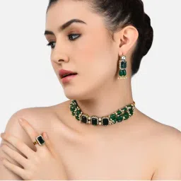 Zaveri Pearls Green Beads Ethnic Choker Necklace Earring & Ring Set-ZPFK10767-picture-17