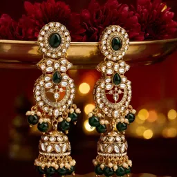 Zaveri Pearls Green Kundan and Stone Jhumka Earrings-picture-24