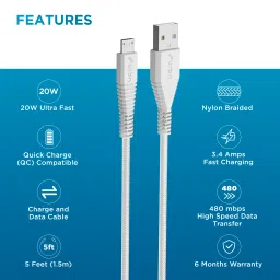 urbn Type A to Micro USB Type B 4.95 Feet (1.5 M) Cable (Tangle-free Design, White) image 5