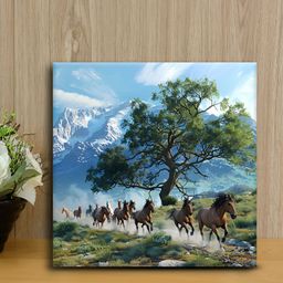 OLIVE TREE Blue & Green Canvas Horses & Trees Painting Wall Art-picture-8