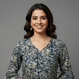 DIGITAL SHOPEE Botanical Printed V-Neck Pure Cotton Kurti image 2