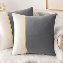 Vinayaka Fab Grey & White Set of 2 Striped Velvet Square Cushion Covers-picture-21