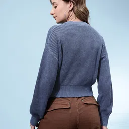 glitchez Ribbed Typography Drop Shoulder Sleeves Crop Oversized Pure Cotton Pullover image 2