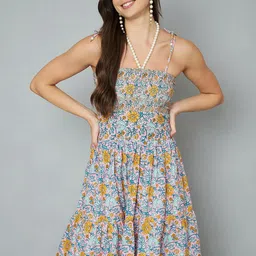 COTLAND FASHION Women Cotton Floral Printed Smocking Tier Midi Dress-picture-18