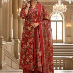 SZN Floral Printed V-Neck Kurta With Palazzos & Dupatta image 5