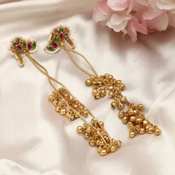 VIVAZS Rose Gold-Plated Kundan Studded & Ghungroo Beaded Tasselled Peacock Drop Earrings-picture-15