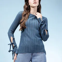 glitchez Self Design Striped Slim Fit Sweater image 4