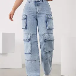 Glossia Nova Women Comfort Wide Leg High-Rise Heavy Fade Acid Wash Stretchable Cargo Jeans-picture-26