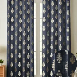Galaxy Home Decor Navy Blue & Gold Toned 2 Pieces Velvet Room Darkening Window Curtains-image-6