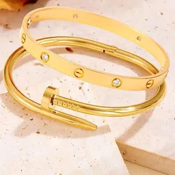 MEENAZ Set Of 2 Gold-Plated Stainless Steel Anti Tarnish Stone Studded Kada Bracelets image 1
