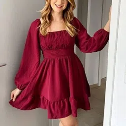 mahe fashion Women Square Neck Puff Sleeves Fit and Flare Dress-image-8
