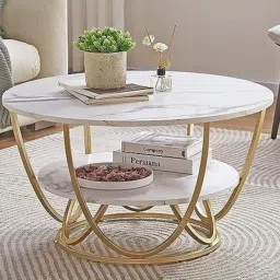 creator handicrafts Round 2-Tier Marble Top Coffee Table In Gold Colour image 1