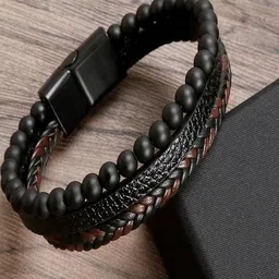 jewelgenics Black-Brown Braided Magnetic Clasp Leather Bracelet For Men image 2