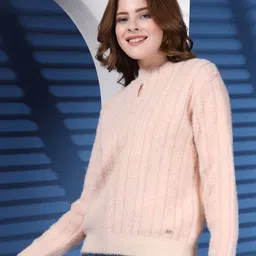 Juelle Women Open Knit Self Design Mock Collar Woollen Pullover image 4