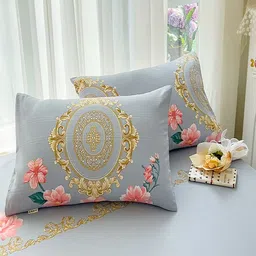 JC HOME Grey & Blue Floral 140 TC King Bedsheet with 2 Pillow Covers image 4