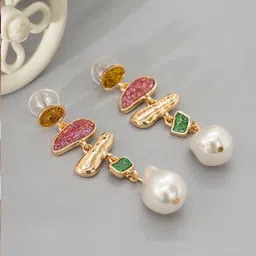 Niscka Gold-Plated Onyx Stones Studded Contemporary Shaped Drop Earrings-image-6