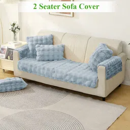 HOKIPO Blue 3 Pieces Self Design 2-Seater Sofa Covers With Arms-picture-9