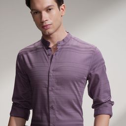 HIGHLANDER Men Slim Fit Textured Band Collar Formal Shirt-picture-28