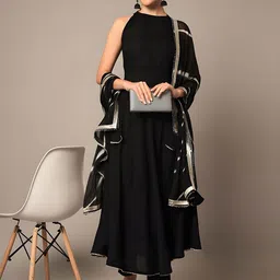 TOP 2 BOTTOM Halter Neck Flared Anarkali Kurta With Trousers & Dupatta image 5