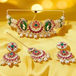 Zaveri Pearls Gold-Plated Stone-Studded & Beaded Choker Jewellery Set-picture-34