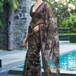 GHAN SALS Floral Printed Baluchari Saree With Blouse Piece image 4