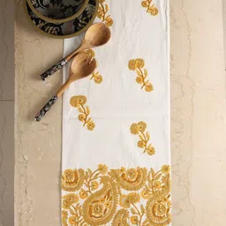 Revive Home White & Yellow Embroidered & Embellished Table Runner-picture-38
