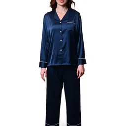 Sleepsia Lounge Women's Navy Satin, Full Sleeves Shirt & Pyjama Night Set (Extra Small)-picture-11