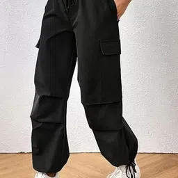 Fashion2wear Women Loose Fit High-Rise Wrinkle Free Pleated Cargos Trousers-image-15