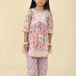 LIL PITAARA Girls Floral Printed Regular Gotta Patti Pure Cotton Kurti with Palazzos-picture-25