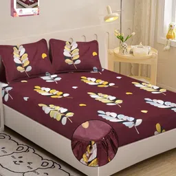 Myntra Elegant Homes Magenta & Blue Floral 300 TC Single Bedsheet with 2 Pillow Covers-picture-28
