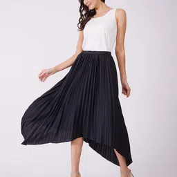 FableStreet Women Flared Pleated Asymmetric Midi Skirts-image-47