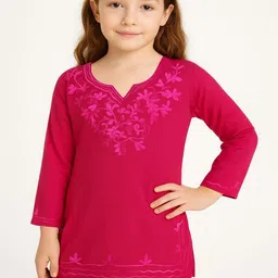 Naida Girls Ethnic Motifs Embroidered Chikankari Short Kurti with Notched Round Neckline-picture-27