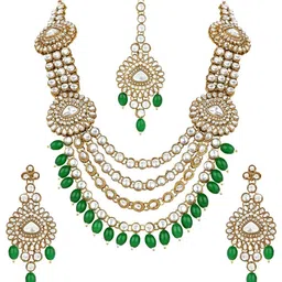 I Jewels Gold-Plated Kundan-Studded & Artificial Beaded Necklace With Earrings & MaangTika-image-78