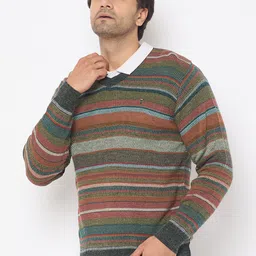 duke Men Striped V Neck Multicolor Sweater image 3